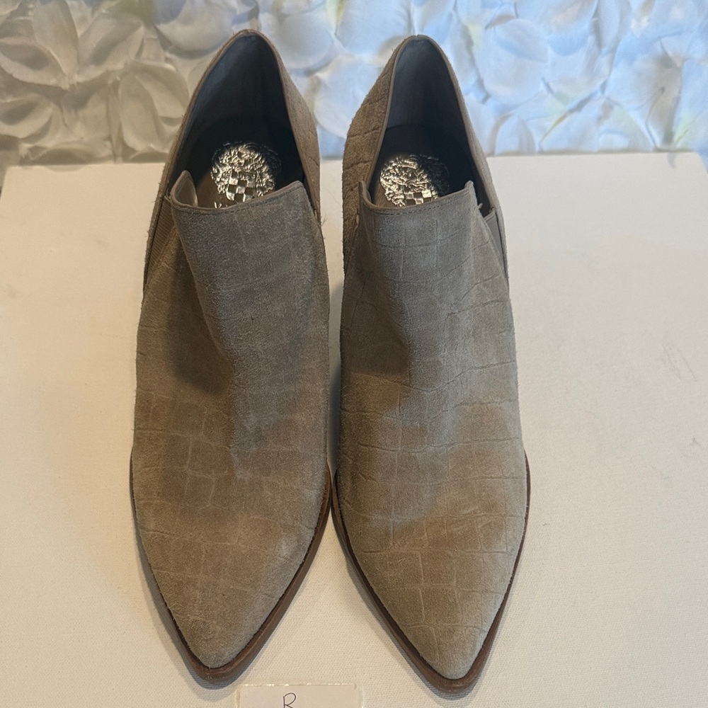 Vince Camuto Taupe Croc-Embossed Suede Pointed Slip-On Booties